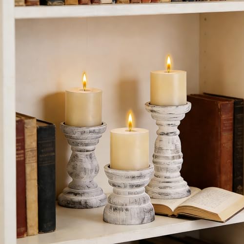 Rustic Wooden Pillar Candle Holders Set of 3 in Distressed White, Florence Style, Farmhouse Wooden Candle Holder, Wooden Candle Stand, Small Wooden Candlestick Holders, Living Room, Table Centerpiece - color: Rustic White