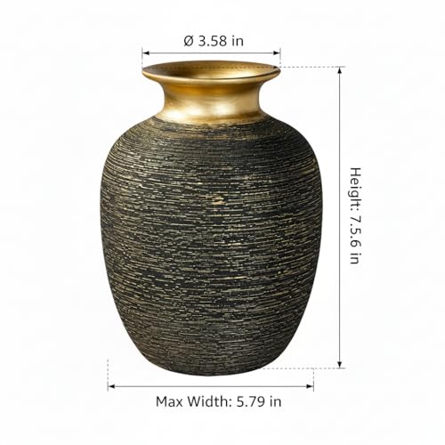Black and Gold Vases Home Decor, 7 Inch Ceramic Flower Vase for Centerpieces, Modern Textured Decorative Vase for Living Room, Outdoor Table, Office Desk, Night Stand Decor - color: Black and Gold