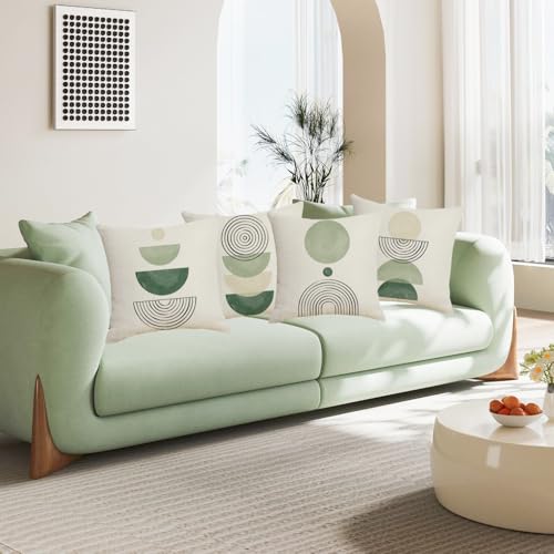IcosaMro Boho Throw Pillow Covers 18x18 Set of 4 Mid Century Modern Geometric Cotton Linen Arch Sun Green Throw Pillow Case Decorative Cushion Cover for Couch Beadroom Sofa - color: Green Geometry