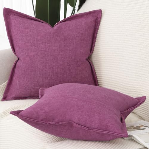 MADIZZ Pack of 2 Faux Rustic Linen Throw Pillow Covers with Flange Edge Soft Boho Natural Decorative Pillowcases for Sofa Living Room Modern Throw Pillows for Bed 24x24 Inch Fuchsia - color: Fuchsia, size: 24" x 24" (Pack of 2)