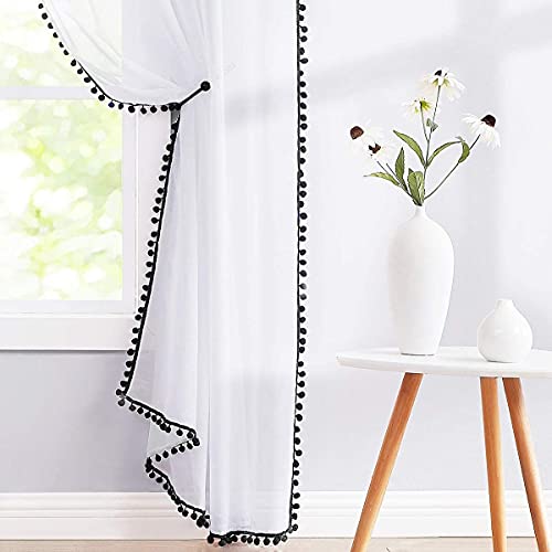 White Sheer Curtains with Black Pom-Pom for Living Room 52x63 Kids Room 2pk - color: White - Black, size: 52"W x 63"L (Pack of 2)