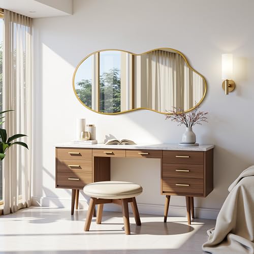 Suidia Irregular Wall Mirror, 48"x26" Bathroom Mirror Asymmetrical Mirrors Artistic Mirrors Decorative for Living Room Bedroom Bathroom Hallway Entryway, Gold, Cloud Style - color: Gold, size: 48"L x 26"W