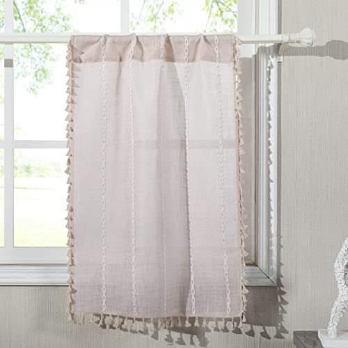 RoomTalks Boho Kitchen Curtains 36 Inch Length French Striped Farmhouse Vintage Chic Textured Tassel Short Cafe Curtains for Small Window Kitchen Bathroom Bohemian Decor (36’’L x 24’’W, Beige) - color: Beige, size: 24"W x 36"L (Pack of 2)