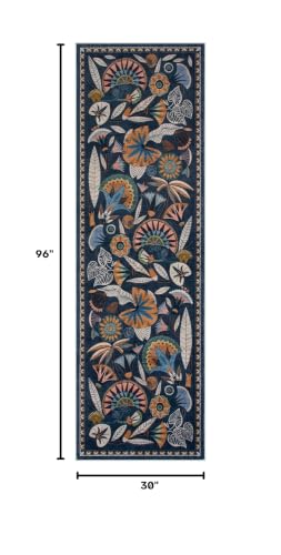 Zealude Egypt Floral Kitchen Runner Rugs Non Skid Washable,2x8 Boho Vintage Hallway Bathroom Runner Rug Non Slip,Soft Long Carpet for Laundry Room Entryway Bedroom (Dark Blue,2 x 8) - color: Blue, size: 2'6'' x 8'(Runner)