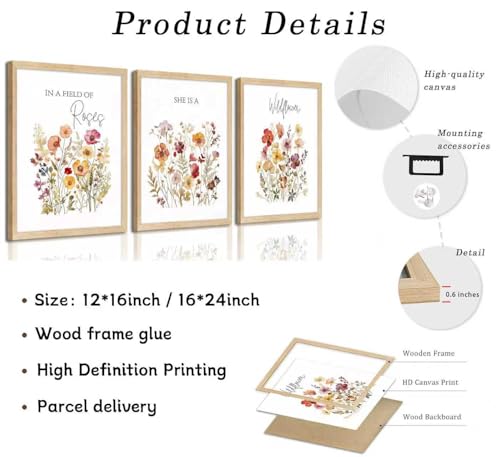 3Pcs Framed Canvas Wildflower Wall Art Botanical Poster Print 16x24 Inch - color: MEIGUIYEHUA, size: 24"L x 16"W