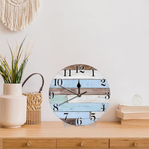 Rustic Coastal Country Wooden Wall Clock Battery Operated 10 in Round Wall Clocks Slilent Non Ticking Quartz Analog Clock for Bedroom Kids Living Room Classroom Decor - color: Rustic Blue White Brown Wooden