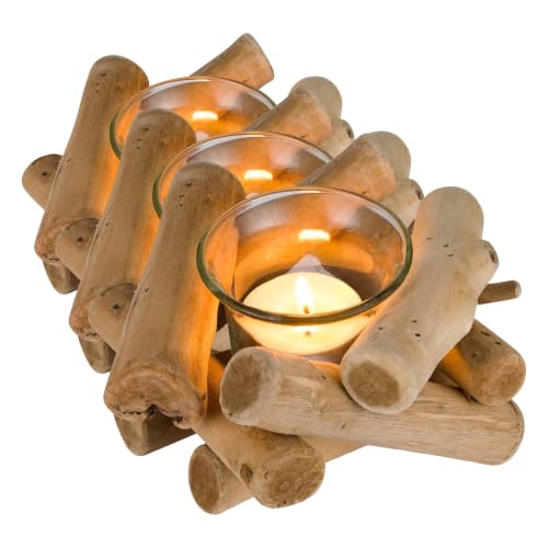 Sziqiqi Handmade Wooden Tea Light Candle Holder with Glass Cup Rustic Country Coastal Style for Farmhouse Home Decoration Home Altar Decoration Holiday Wedding Decoration (Pack of 3) - size: Pack of 3