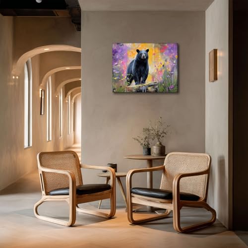Halioyo Black Bear Canvas Wall Art, Wildflower Bear Print(12x16 in) - color: Painting-09, size: 16"L x 12"W