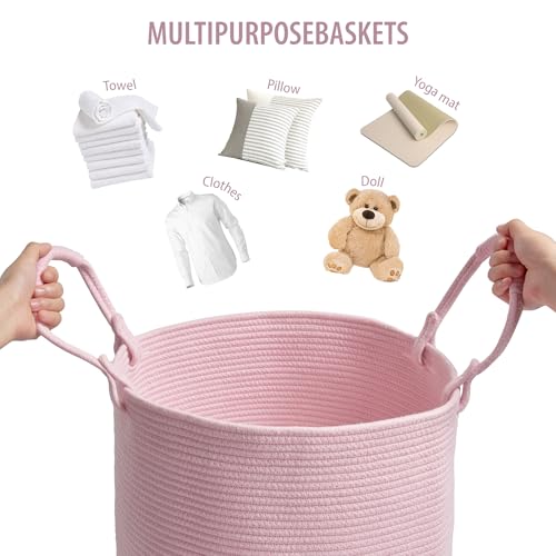 Laundry Hamper Basket, Woven Cotton Rope Blanket Basket, Nursery Storage - color: Light Pink, size: 15"D x 18"H