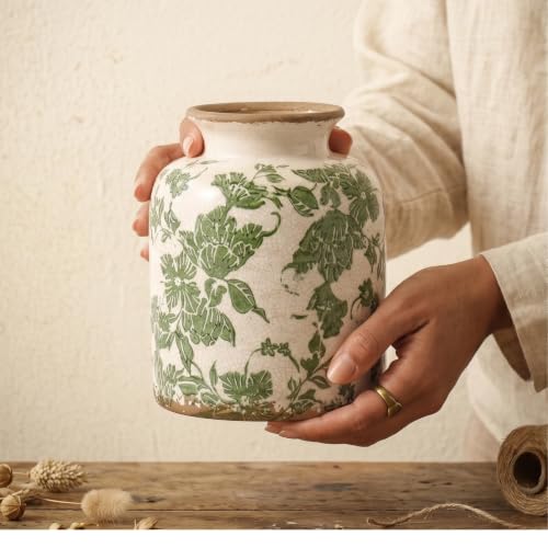Vintage Chinoiserie Ceramic Vase, Ice Cracked Flower Vases, Hand-Painted Green Botanical Design for Living Room, Bookshelf, Office, Floral Antique Rustic Style Home Decor, 6.2 Inch (Green2-6.2in) - color: Green2-6.2in