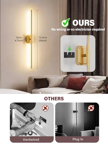 Battery Operated Wall Sconces Set of Two, Wireless Wall Lights Touch & Remote Control Rechargeable LED Wall Lamp 2700K-6000K Dimmable Lights for Living Room Bedroom Bathroom Hallway( 29 ", Gold) - color: Gold