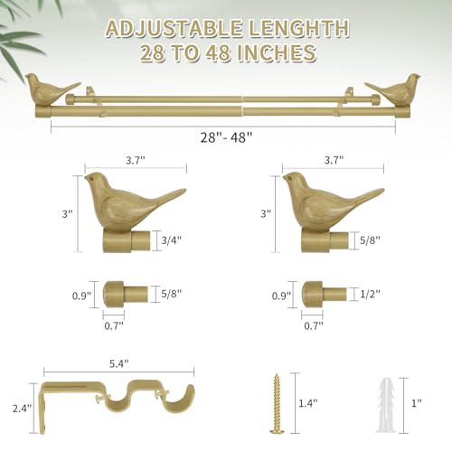 3/4" Diameter Farmhouse Double Window Treatment Curtain Rod, Bird Finials (28"-48", Cottage) - color: Cottage, size: 28"-48"