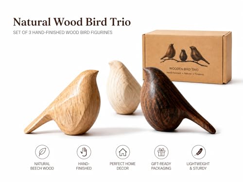 Natural Wood Bird Trio 4.1”L Set of 3 – Small Bird Sculptures & Animal Statues, Hand-Finished Modern Coffee Table Shelf Decor, Gift-Ready (3, Mixed)