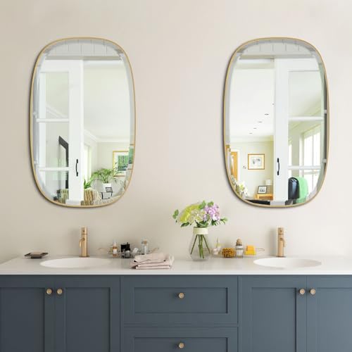 POZINO 30"x20" Brushed Gold Oblong Beveled Bathroom Mirror for Over Sink - color: Gold Rectangle, size: 30"L x 20"W