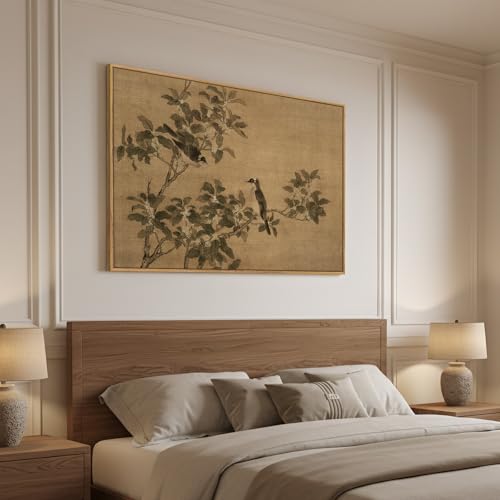 Framed Vintage Neutral Rustic Botanical Bird Chinoiserie wall art, 24x36 In - color: Beige A, size: 36"L x 24"W