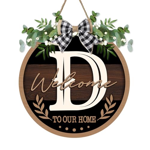Monogram Letter D Front Door Sign, Welcome to Our Home Family Last - color: D