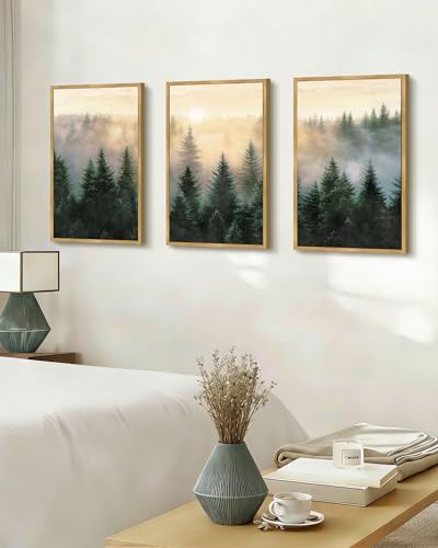 Drsoum Green Fog Pine Tree Landscape Wall Art Framed Nature Misty Nordic Forests Prints Morden Farmhouse Rustic Artwork Hallway Bedroom Ready to Hang 16x24in Natural Framed - color: Watercolor Mountain, size: 24L" x 16W", Natural Framed