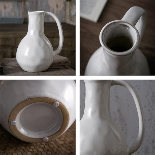 Tanvecle White Ceramic Vase with Big Handles, Modern Farmhouse Decor, Rustic Pottery for Flowers, Decorative Terracotta Centerpiece for Dining Table