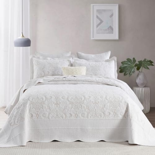 100% Cotton Oversized Bedspread Quilt Coverlet Set, 128"x120" - color: White/Beige Embroidery, size: Extra Wide Super King(128"x120")