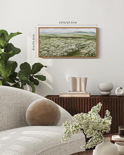 SHENIFY Vintage Framed Wall Art Rustic Meadow Sea of Wildflower Field Landscape Painting Retro Floral Scenery Farmhouse Kitchen Living Room Decor - 8x16in Natural Framed - color: Floral Meadow, size: 16"L x 8"W