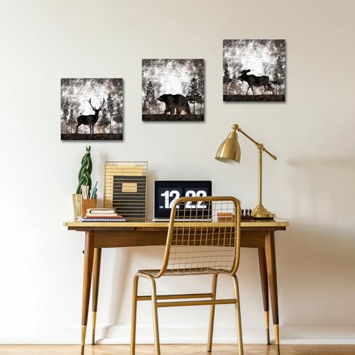 HOMEOART Bear Elk Moose Canvas Wall Art Animal in Forest Rustic Decor Picture Framed Canvas Print Farmhouse Cabin Lodge Home Wall Decor 12"x12"x3 Pieces