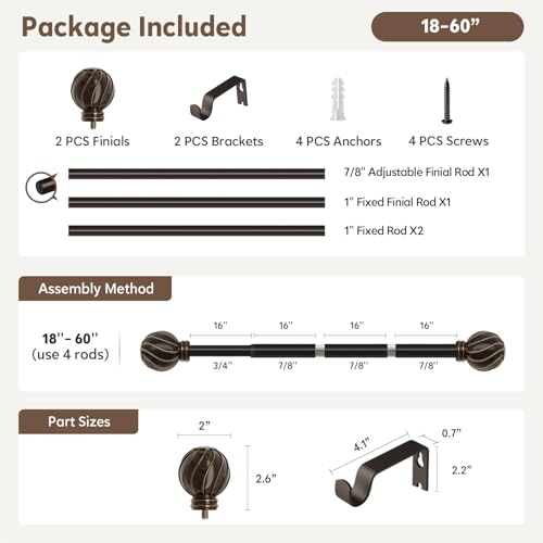 Brown Curtain Rods for Windows 28 to 48 Inch 7/8" Diameter Small - color: Brown, size: 18"-60"|1 Pack