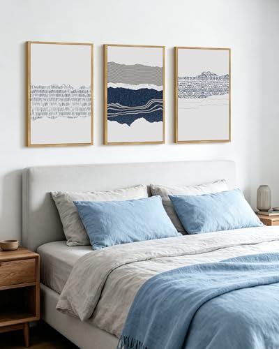 PHOPAGO Navy Blue Abstract Shapes Framed Wall Art 16x24in Natural Frame - color: Cyan Mid Century, size: 24L" x 16W" x 3 Pcs Natural