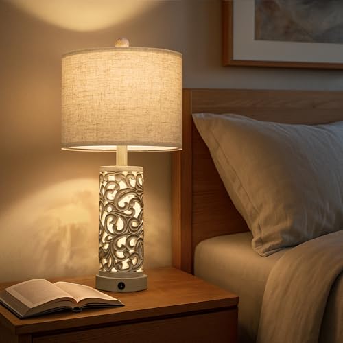 OYEARS 22'' Farmhouse Table Lamp for Living Room, Bedside Lamp with 2 USB Ports for Bedroom, Rustic Nightstand Lamp with Linen Lampshade for Office Hallway Home Decor, Distressed Grey (Bulb Included) - color: Vintage Gray