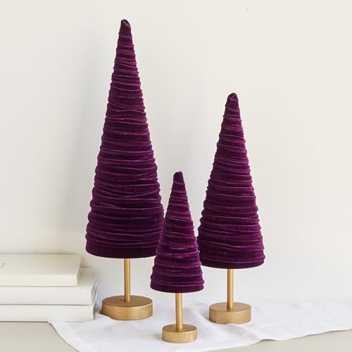 Plum Pedestal Velvet Trees Set of 3, Handcrafted in USA, Purple Mantel Accent, Valentine Tabletop, Winter Wedding Centerpiece, Elegant Entryway (Plum) - color: Plum