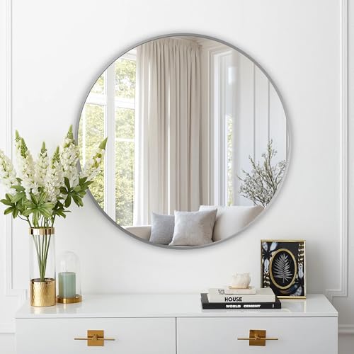 Round Mirror, Wall Mounted Circle Mirror, Brushed Metal Frame, 30", Silver - color: Silver, size: 30"L x 30"W