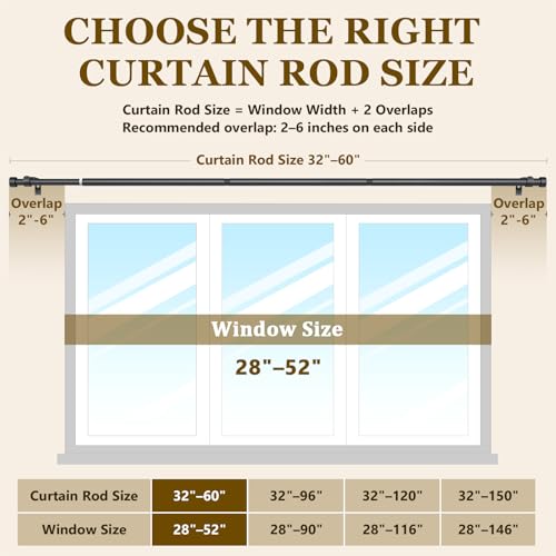 Curtain Rods for Windows 32-60 Inch, 1 Inch Adjustable Black Curtain Rod Set with Brackets, Easy Install - color: Black, size: 32"-60"/1 Pack