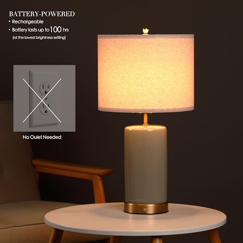 OโBright Dune - Battery Powered Table Lamp, Rechargeable Cordless Ceramic Lamp, Full-Size 24 Inch Height, 4-Level Dimming, Smart Safety Protection, Type-C Fast Charging, LED Bulb Included, Stone Grey - color: Stone Grey, size: 24-inch