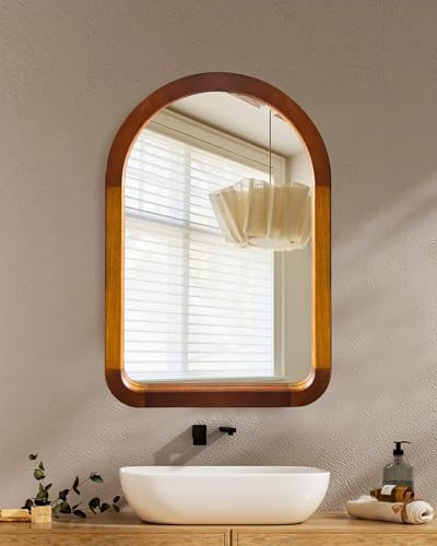 Arched Wood 22 x 30 Inch Bathroom Mirror for Wall with Walnut Frame - size: 30"L x 22"W