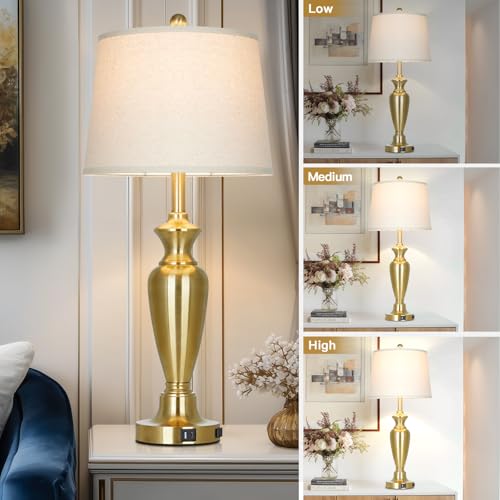 30" Tall Gold Table Lamps Set of 2 for Living Room, Touch Control Bedside Lamps for Nightstand, 3-Way Dimmable Bedroom Table Lamp with USB A+C Ports and AC Outlet (2 LED Bulbs Included) - color: Gold - 30"H