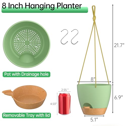 ZMTECH 8 Inch Hanging Planters for Indoor Outdoor Plants, 2 Pack Self Watering Hanging Plant Pots with Drainage Holes and Removable Saucer, Plastic Flower Hanging Pots with Watering Lip (Green) - color: Green, size: 8 Inch