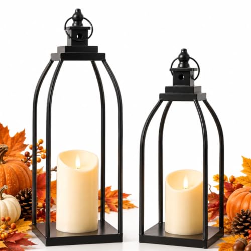 Decorative Candle Lanterns Set of 2, Black Metal for Indoor & Outdoor - size: 14+17in