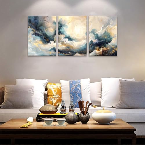 LYPHNX Framed Blue Abstract Fantasy Canvas Wall Art Minimalism Ink Painting Poster Set of 3 Modern ArtWork Navy Blue Gold Marble Prints Pictuer Wall Decor for Living room Bedroom Office Hotel 16"x24" - color: Abstract Ink, size: 16"x24" Canvas
