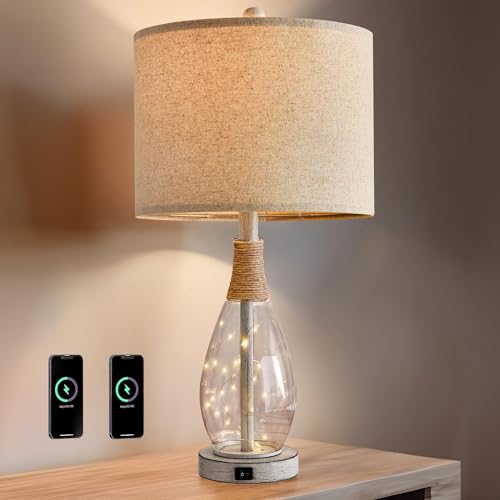 OYEARS 23" USB A+C Table Lamp for Bedroom Living Room Modern Bedside Lamps Retro Farmhouse Rattan Glass Nightstand Nightlight Lamps (White),Two Light Points - color: Antique White