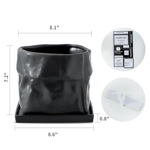 Nihow 8 Inch Ceramic Plant Pot with Drainage & Square Saucer,Black - color: Black, size: 8 Inch