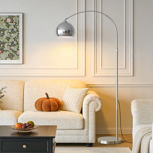 Glossy Chrome Silver Arc Floor Lamp with 12W LED Remote Dimming - color: Silver Remote Dimming
