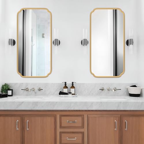 Ferytange Gold Wall Mirror 48 x 24 Inch Bathroom Vanity Mirror for Over Sink Modern Rounded Corner Rectangle Wall Mirror Decorative with Non-Rusting Iron Metal Framed (Horizontal/Vertical) - color: Gold, size: 48"L x 24"W