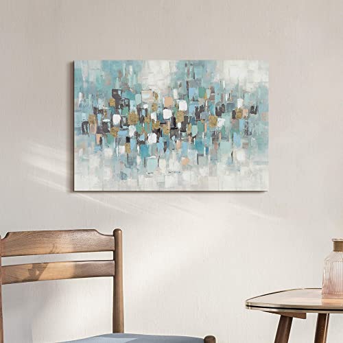 arttitue Abstract Teal Canvas Art Painting: Contemporary Hand Painted Artwork Picture Modern Bedroom Living Room Wall Decoration Home Office Decor 24"x16" - color: Abstract 02, size: 24"L x 16"W