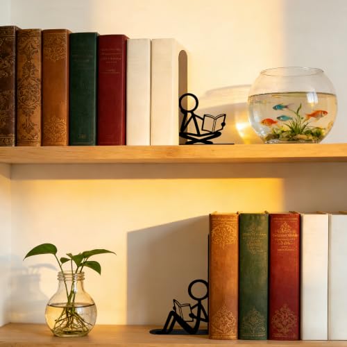 2 Pcs Metal Bookends and Heart Bookmark,Book Ends for Book Shelf,Two Reader - color: Black Siting Reader