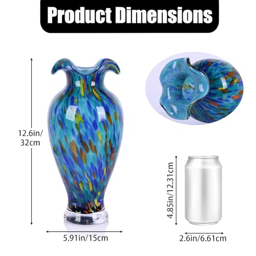 12" Tall Hand Blown Glass Vase – Pretty Ruffle Wide Mouth Decorative Flower Vase, for Modern Home Decor, Ideal Centerpiece for Living Rooms, Wedding & Home Decor - color: Aqua Fusion, size: Small
