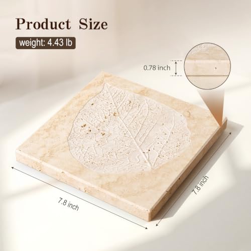 Natural Travertine Leaf Embossed Tray, 7.8inch Square Decorative Trays - color: Beige Travertine