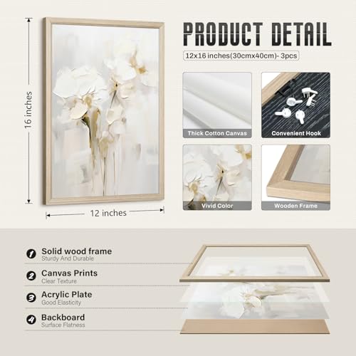 Neutral Wall Art Abstract Floral Canvas Pictures Beige Flower Wall Decor Modern Painting Minimalist Poster Abstract Botanical Prints White Artwork for Bedroom Living Room 12x16x3 Inch Wood Framed - color: Beige Flowers Prints, size: 12"x16" Framed