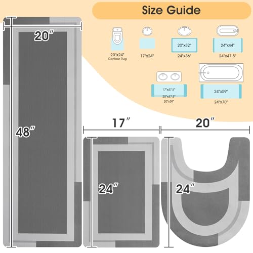 ACCUMTEK Non Slip Bath Mat, Thin Bathroom Rugs Fit Under Door, Quick Dry Bath Mats, Machine Washable Bath Rugs for Bathroom, Bathtub & Kitchen, Bathtub & Kitchen, Grey/Bordered/3 Piece - color: Grey, size: 24"x17"+48"x20"+U Shape 24"x20"
