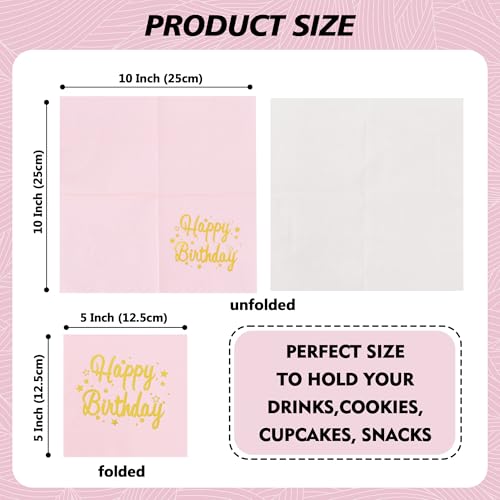 Vuzvuv 52 Pack Happy Birthday Cocktail Napkins Cursive Design - Birthday Party Dinner Hand Napkin with Gold Stampin for Party Supplies Decorations Table Decor(5" Folded 3 Ply- Pink) - color: Handwrite Pink