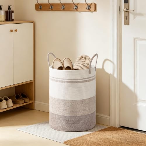 58L Tall Cotton Rope Laundry Basket with Handles, Brown Striped - color: Brown Striped, size: 58L