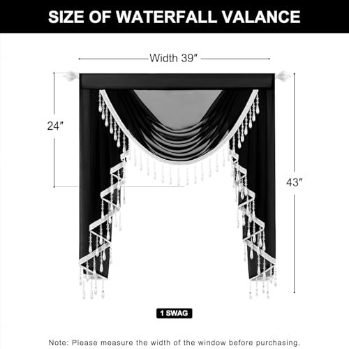 VOGOL Sheer Waterfall Valance with Beaded Tassels, 39 x 43, 1 Panel, Black - color: Black, size: 39"W x 43"L (Pack of 1)
